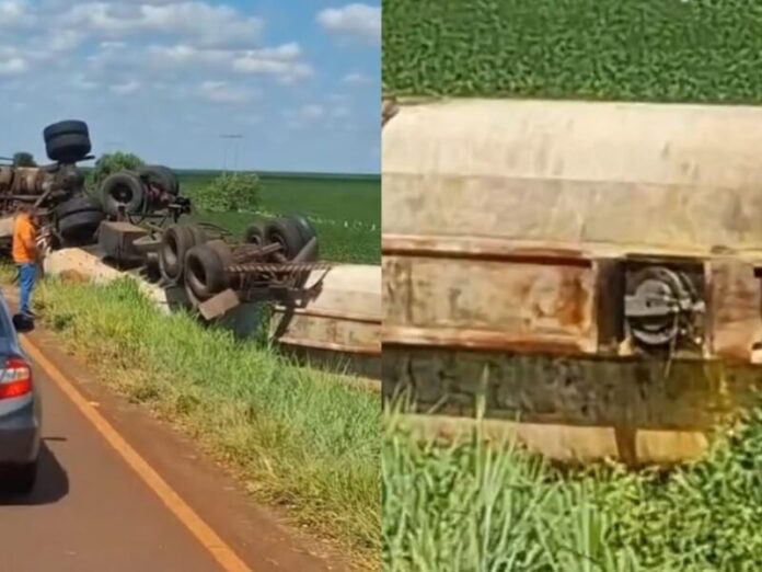 Vídeo: Caminhão tomba em rodovia entre Dourados e Ponta Porã